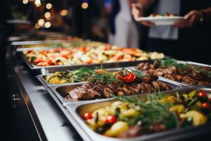 catering buffet food indoor in restaurant with grilled meat