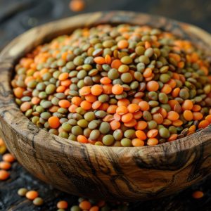 Organic Dry Lentils Presented in a Rustic Wooden Bowl for a Natural and Healthy Ingredient